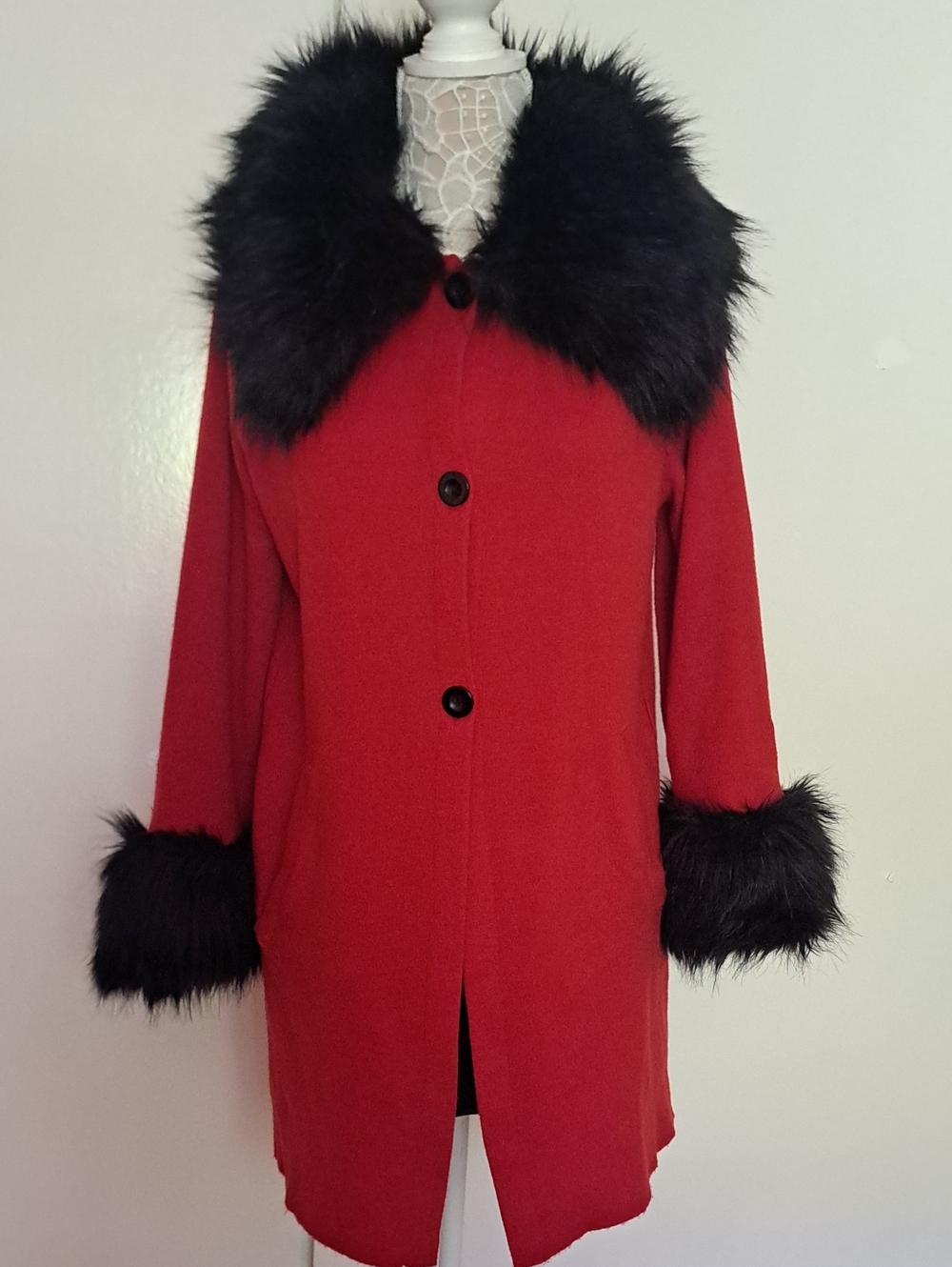 LOVE + LUXE red Pea Coat with Black Faux Fur Trim